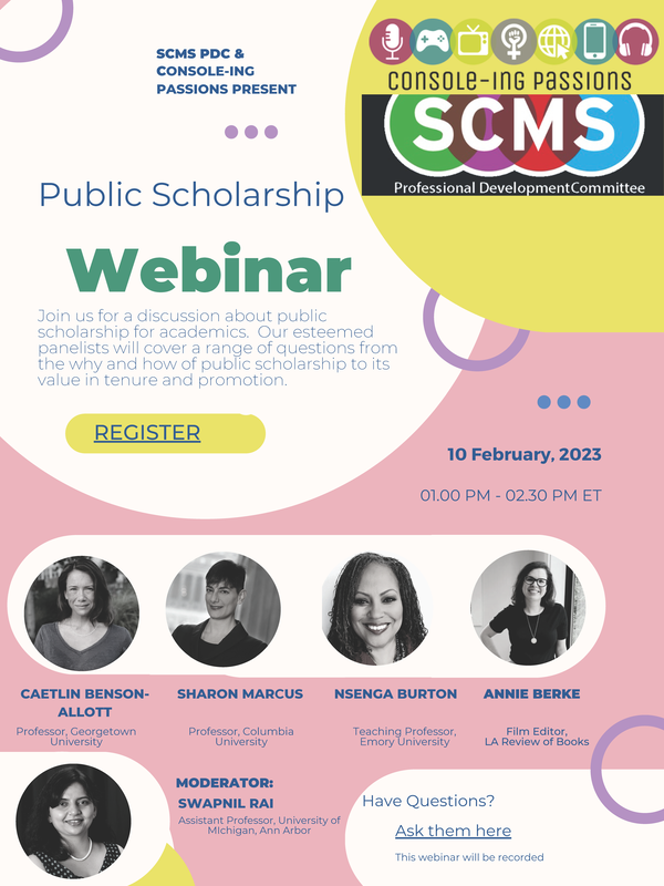 Pink and yellow public scholarship webinar poster 